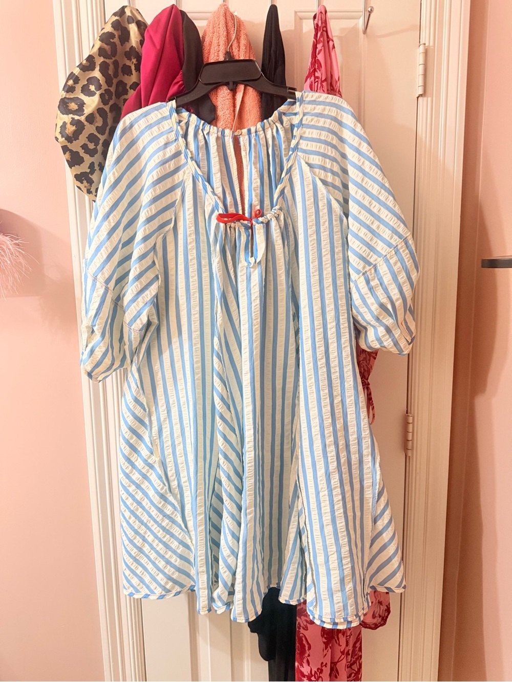 Cider Blue and White Striped Casual Peasant Dress